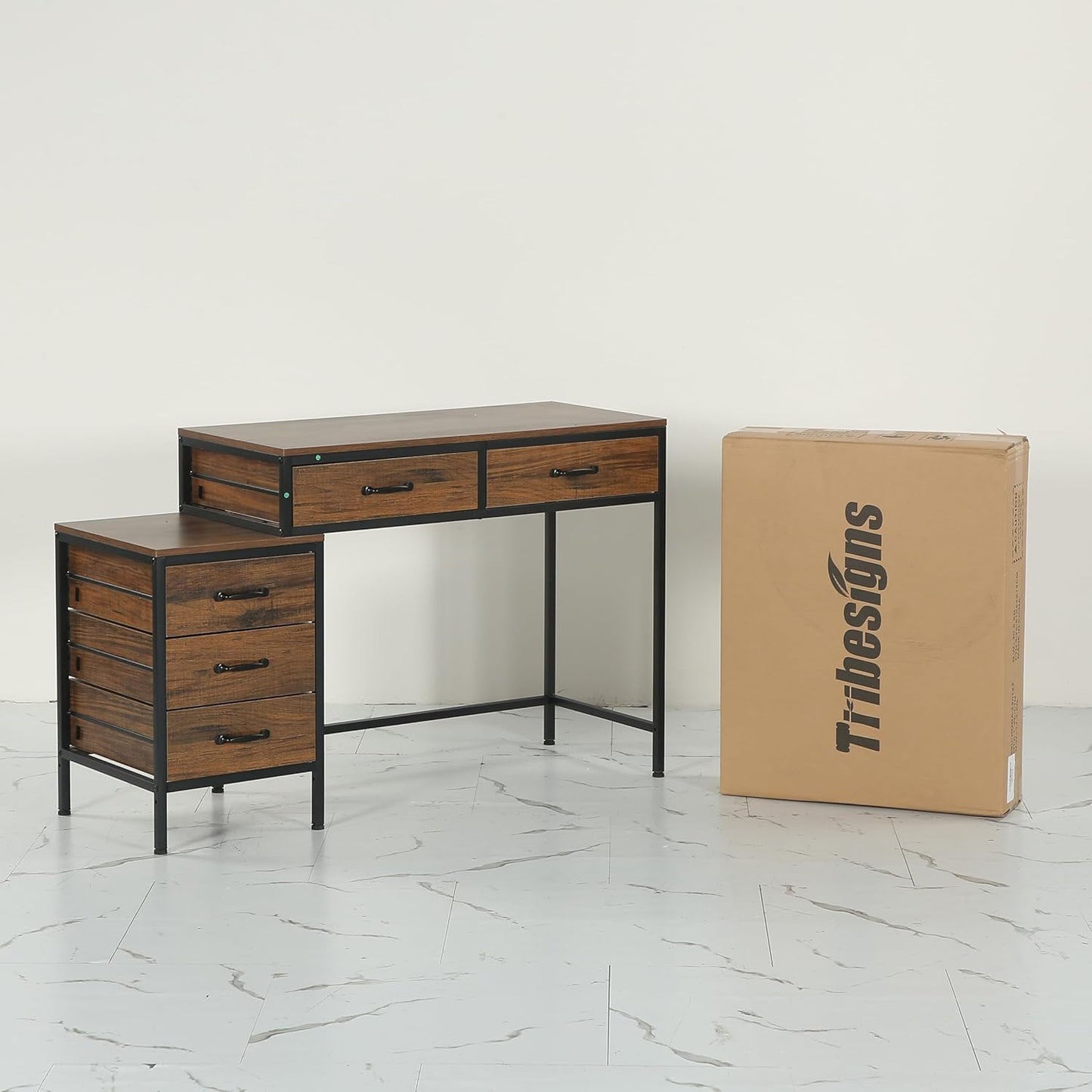 Vanity Desk with 5 Drawers, Makeup Vanity Table Dressing Table with Side 3-Drawer Chest, Make up Vanities for Women, Girls (Without Mirror)