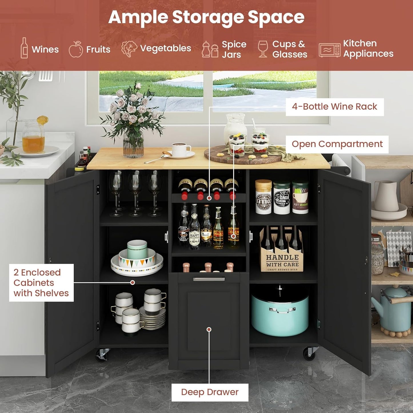 Rolling Kitchen Island Cart, Large Kitchen Island W/Drop-Leaf Countertop & 4 Rotatable Casters, Kitchen Trolley Cart with Deep Drawer, Open Wine Bottle Rack & Towel Bar (Black)