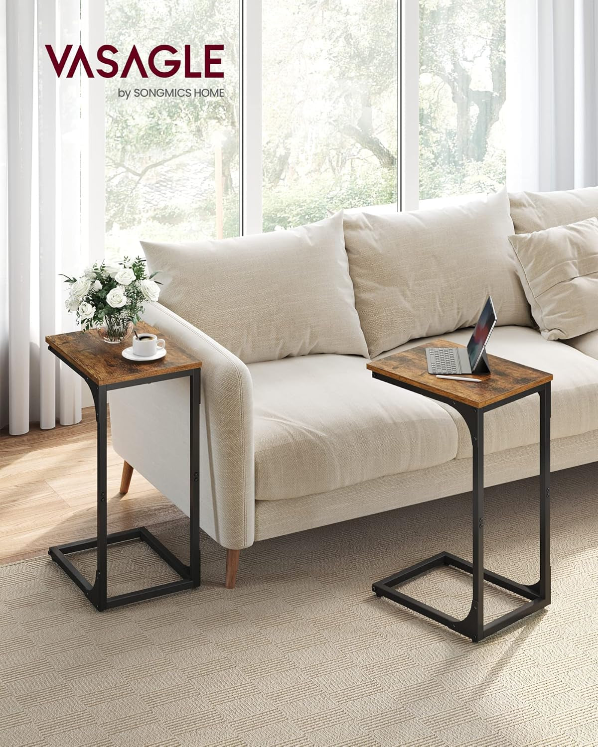 Set of 2 C-Shaped Side Table, Bedside Table, Sofa Side Table, Coffee Table, with Metal Frame, Industrial, for Living Room, Bedroom, Rustic Brown and Black LET354B01
