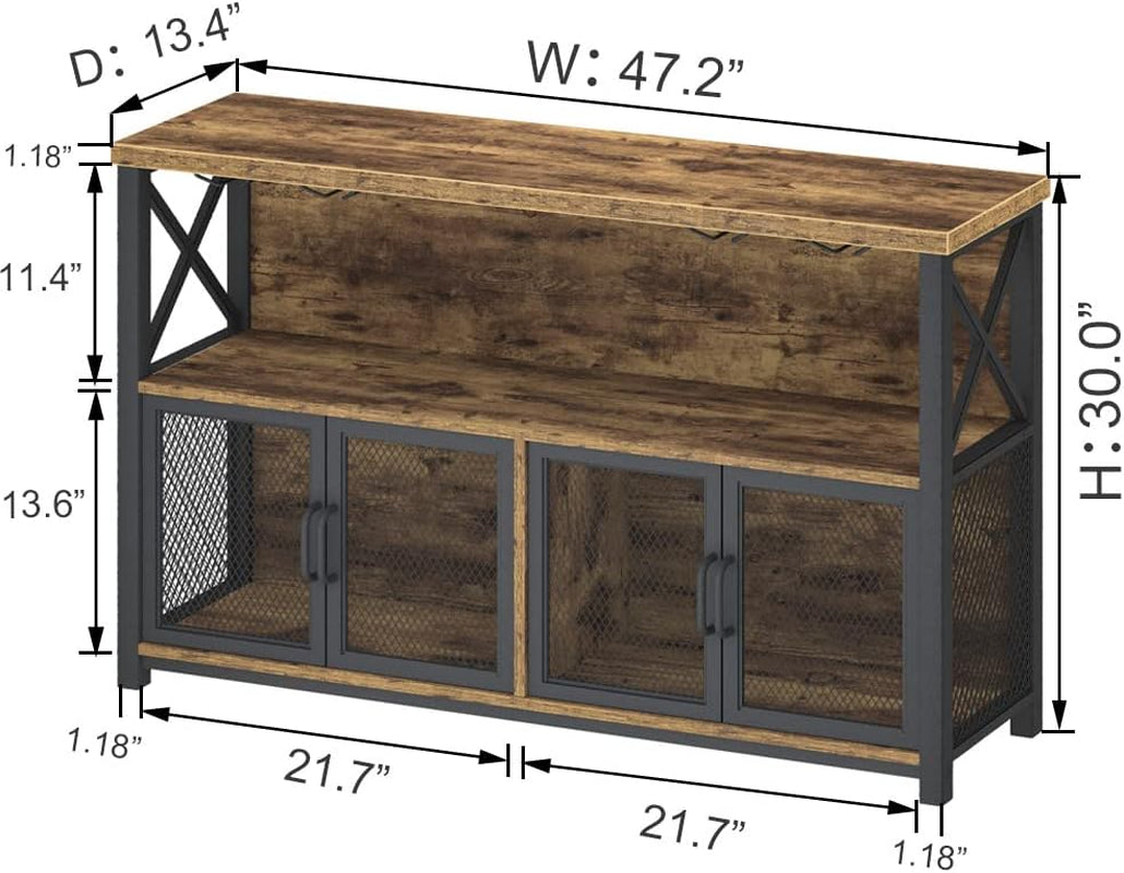 Industrial Coffee Bar Cabinet, Farmhouse Wine Bar Cabinet for Liquor and Glasses, Metal Wood Sideboard Buffet Liquor Cabinet and Wine Rack with Storage for Home Dining Kitchen, Rustic Brown, 47 In
