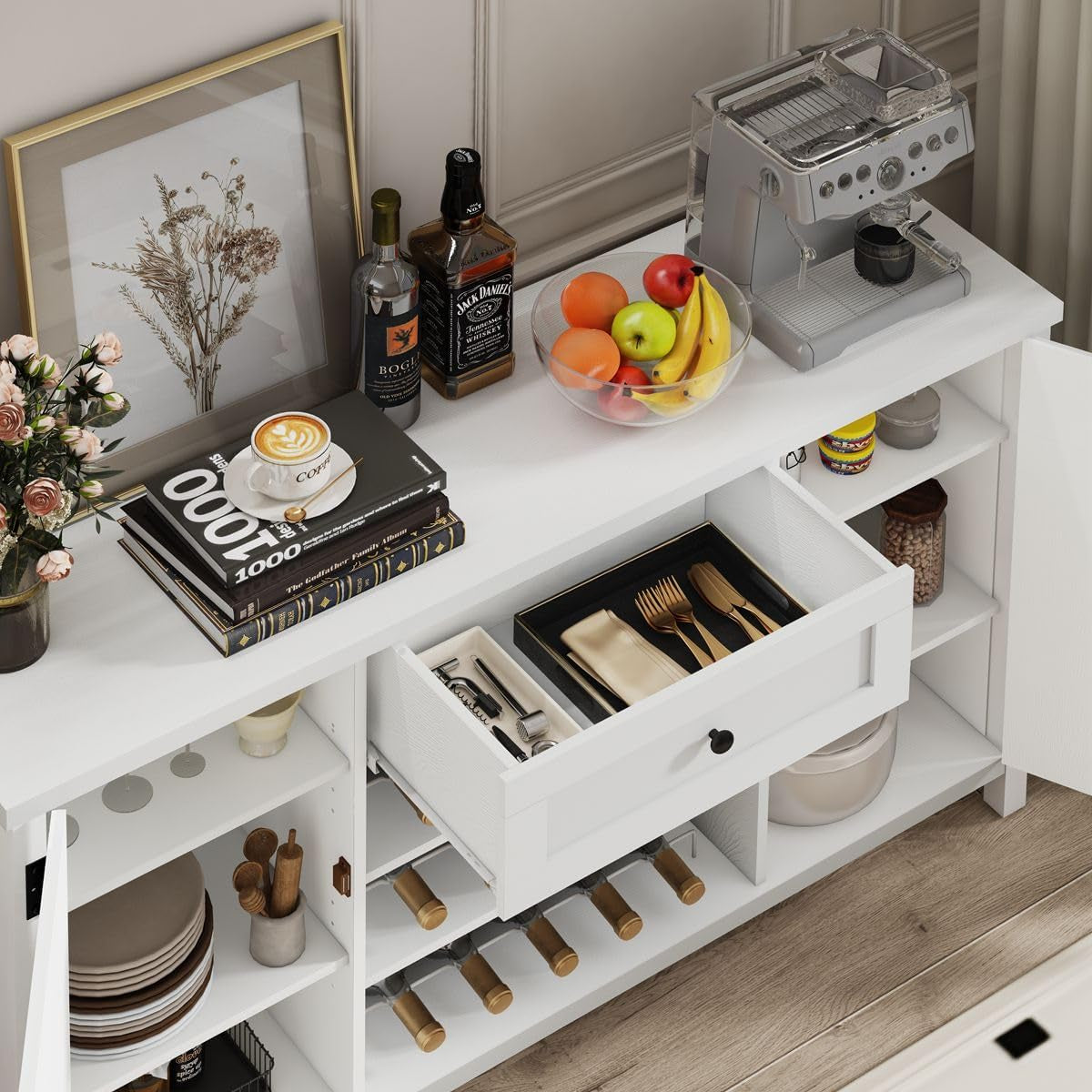 Industrial Coffee Bar Cabinet with Wine Rack, Wood Buffet and Sideboard with Storage Cabinet, (55.12 Inch, White Oak)