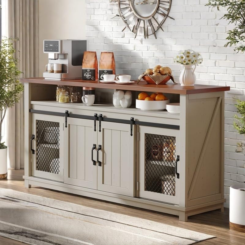 160cm Farmhouse Buffet Cabinet with Storage, Large Coffee Bar Cabinet with 2 Sliding Barn Doors & 2 Visual Grid Doors, Kitchen Sideboard Storage Cabinet for Living Room, White
