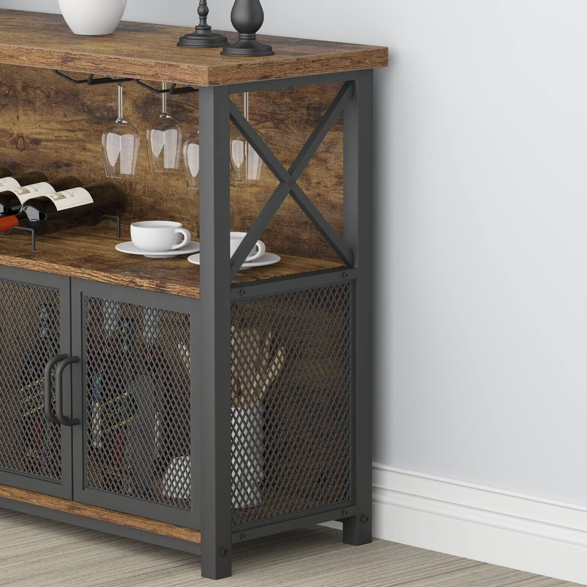 Industrial Coffee Bar Cabinet, Farmhouse Wine Bar Cabinet for Liquor and Glasses, Metal Wood Sideboard Buffet Liquor Cabinet and Wine Rack with Storage for Home Dining Kitchen, Rustic Brown, 47 In