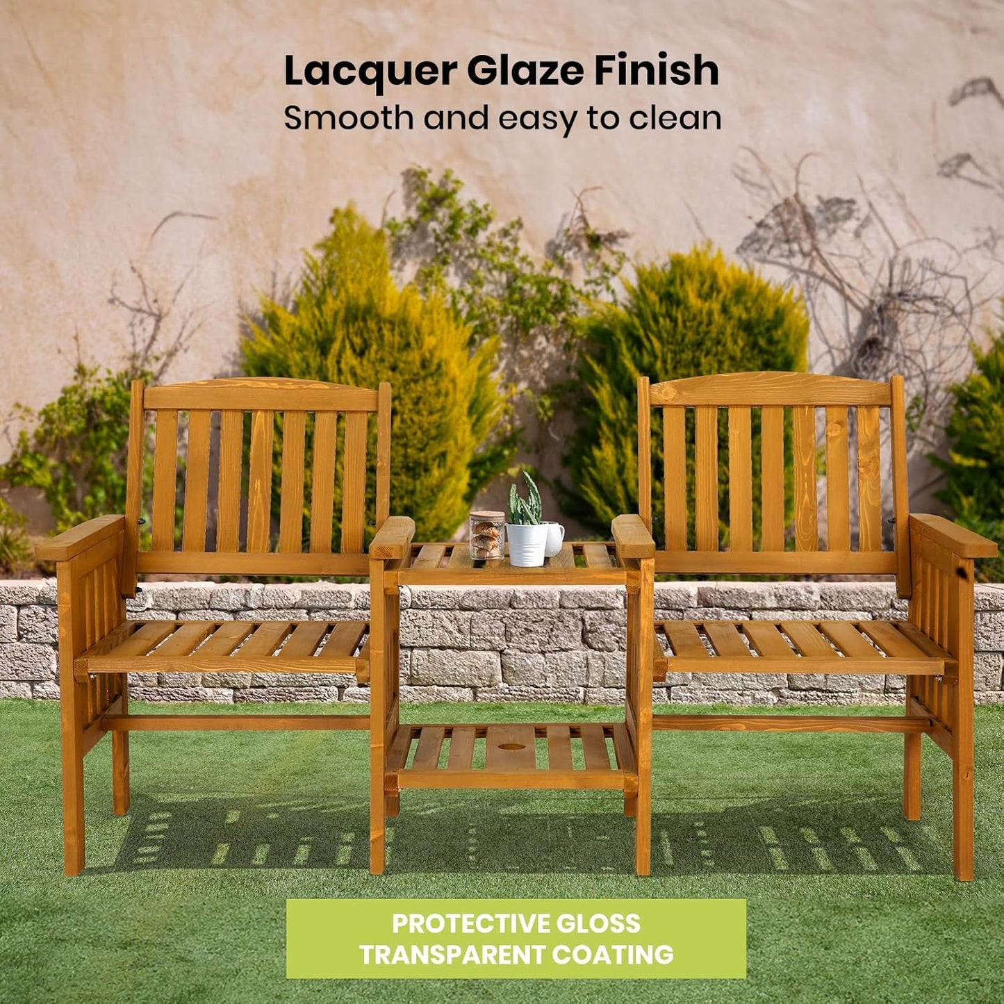 Wooden Outdoor Loveseats and Table Set - Fir Wood Twin Seats and Integrated Table Patio Conversation Set with 2-Seater Armchairs and Coffee Table Durable Garden Bench Furniture - White