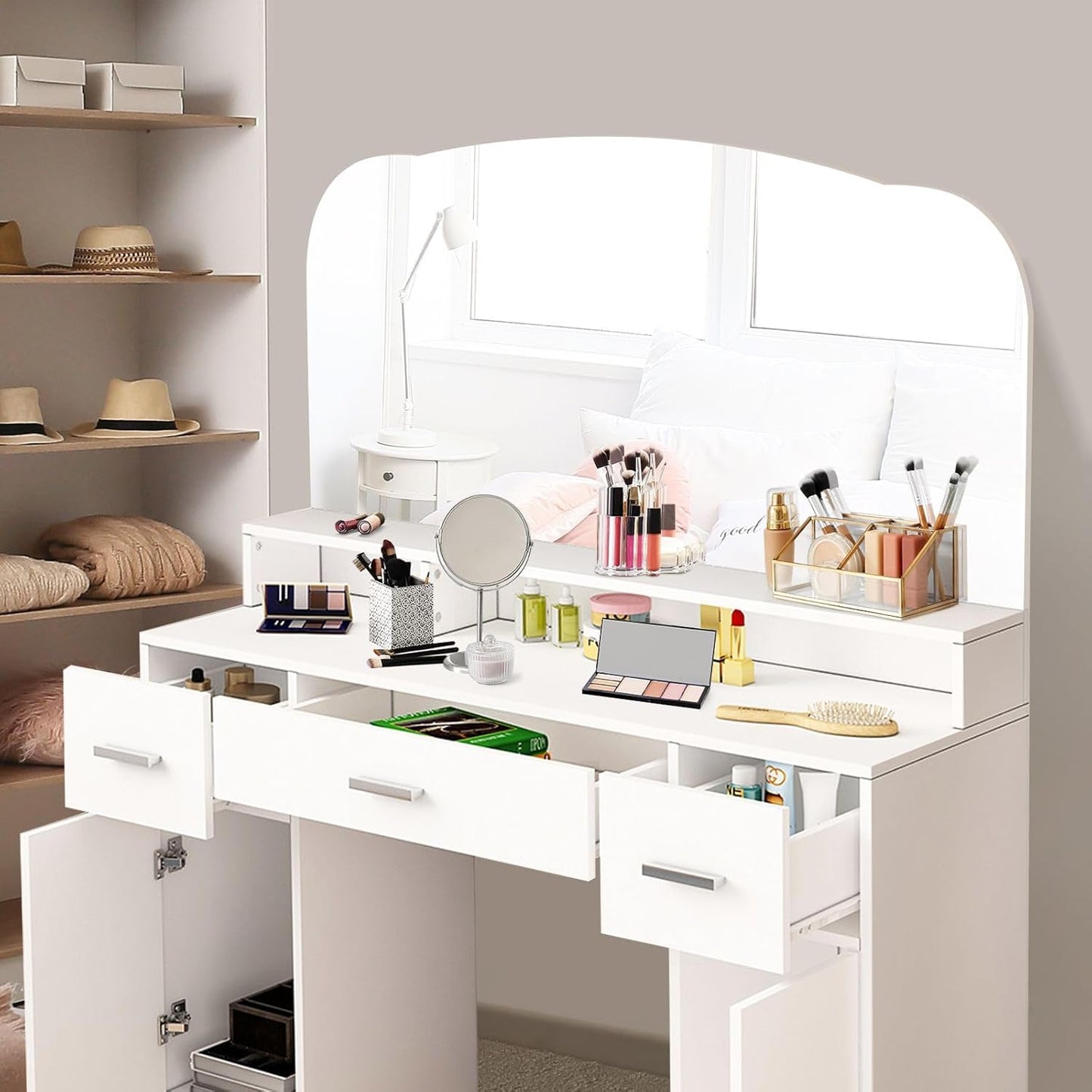 Dressing Table Vanity Table with Mirror Dresser Makeup Desk with 3 Drawers & 2 Door Storage Bedroom Furniture White