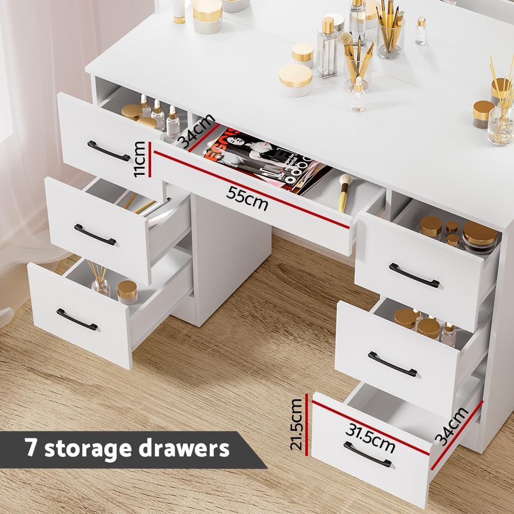 Vanity Table, 10 Bulbs LED Mirror Makeup Stool Set, 7 Drawers Shelves Wide Tabletop White