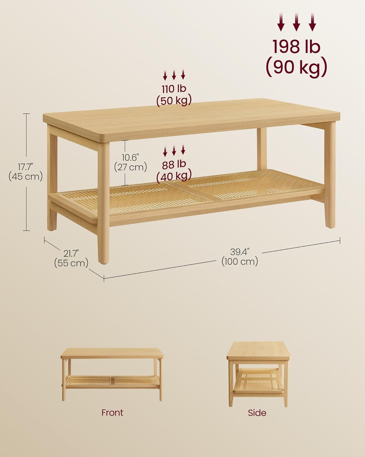 2-Tier Modern Coffee Table with PVC Rattan Storage Shelf, Rounded Corners, Easy Assembly, Boho Style, Oak Beige ULCT240Y57