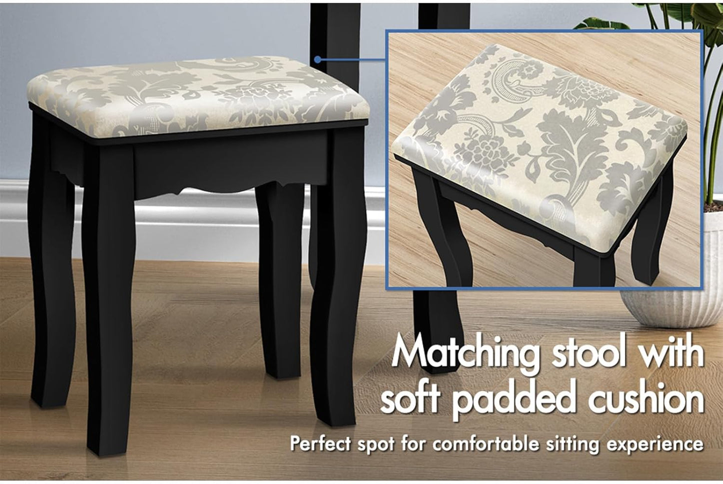 Dressing Table and Stool Chair Set Black Color, Makeup Vanity Desk with Foldable Tri-Fold Mirror, Dresser Organiser for Women Bedroom Dress Room