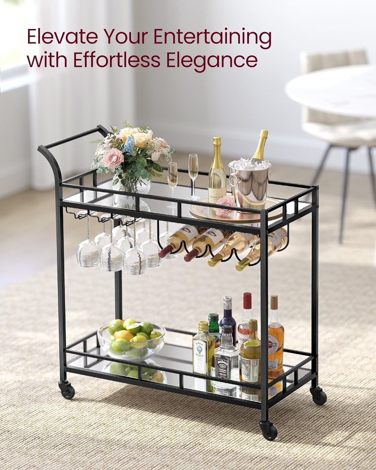 Bar Cart Black, Home Bar Serving Cart, Wine Cart with 2 Mirrored Shelves, Wine Holders, Glass Holders, for Kitchen, Dining Room, Black ULRC090B62