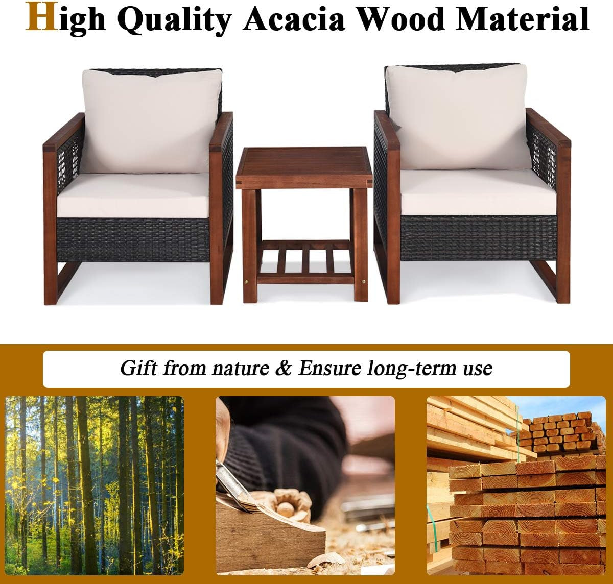 3-PCS Patio PE Rattan Chair Table Set, Wooden Wicker Furniture W/Solid Wood Frame, Soft Cushion, Coffee Table W/Shelf, Patio Conversation Sofa Setting for Balcony, Yard