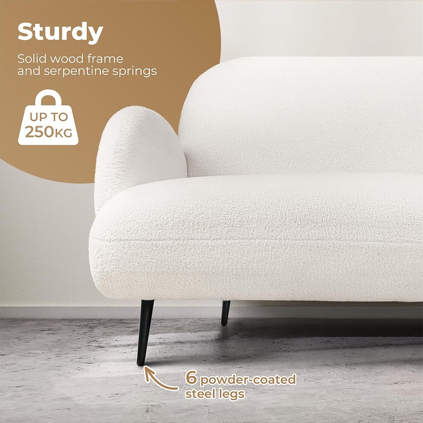 3 Seater Sofa, Soft Upholstered Boucle Sherpa Fabric Loveseat Sofa Couch, Comfy Recliner Sofa Lounge, Spare Bed for Guest Room, Living Room, Office, Studio, Load up to 250Kg (188Cm, White)