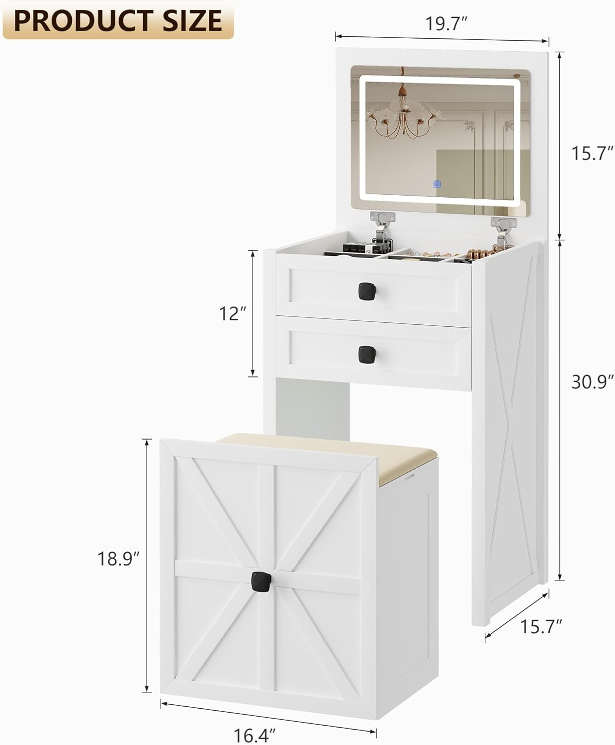 Farmhouse Vanity Desk with Mirror&Lights, 3 in 1 Small Makeup Vanity Set with Stool, Space-Saving Makeup Vanity with Storage Compartment, Dressing Table for Bedroom/Cloakroom, White