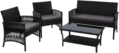 4PCS Outdoor Sofa Set Wicker Harp Chair Table Garden Furniture Black
