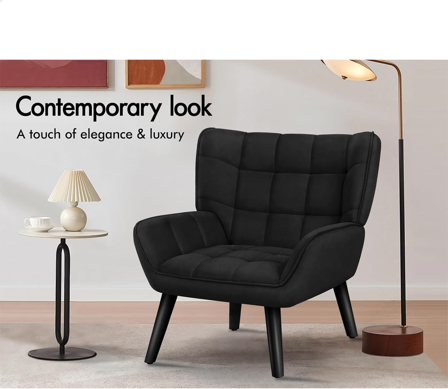 Armchair with Velvet Upholstery, Leisure Occasional Accent Chair with Solid Wooden Legs, Nursing Lounge Sofa for Reading Dressing Bedroom Living Room, Max 180Kg, Venus Black