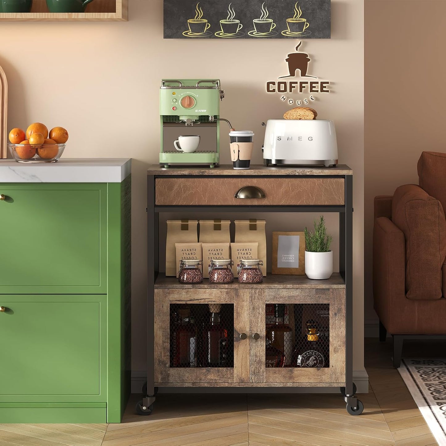 Coffee Bar Cabinet,3 Tiers Kitchen Coffee Cart with Drawer for the Home, Movable Farmhouse Coffee Station Table on Wheels for Living Room, Entryway, Dining Room, Kitchen