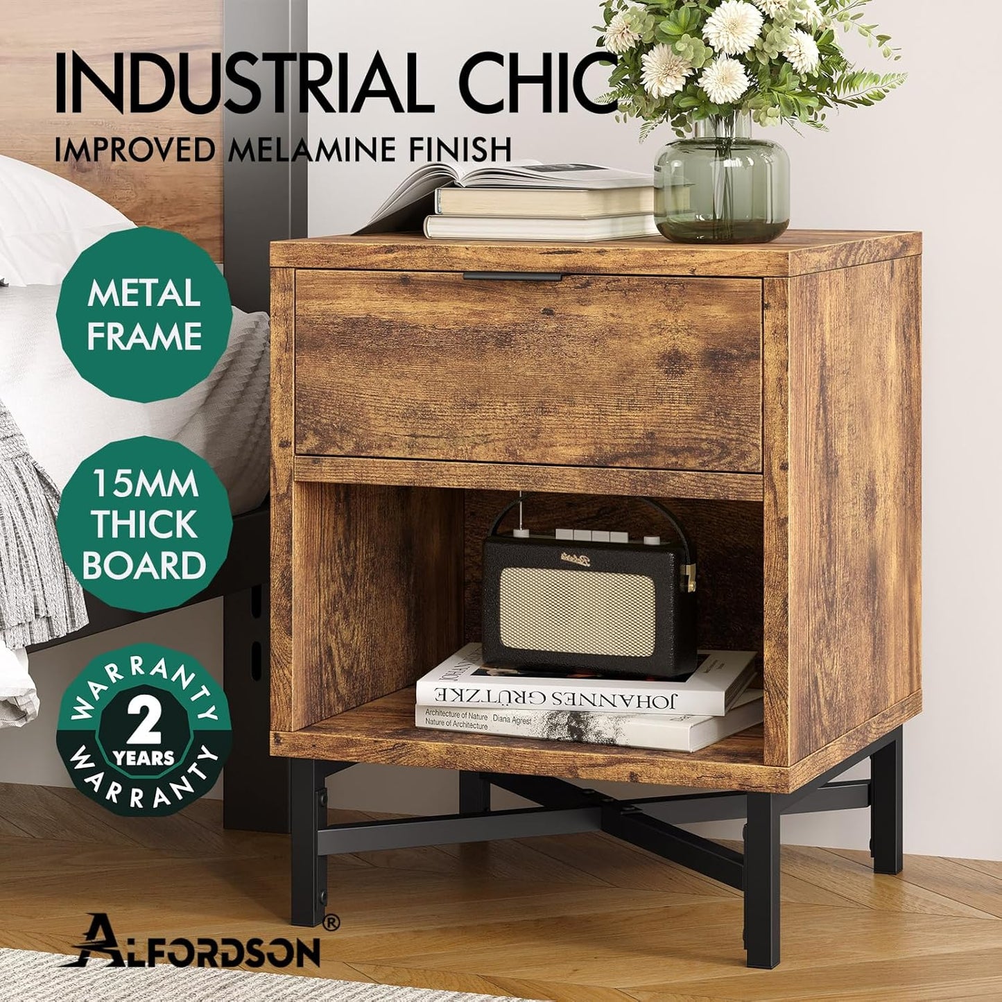 Wooden Bedside Table with Metal Frame Base, Compact Nightstand with Drawer and Shelf, 40 X 39.5 X 50.5Cm, Wood