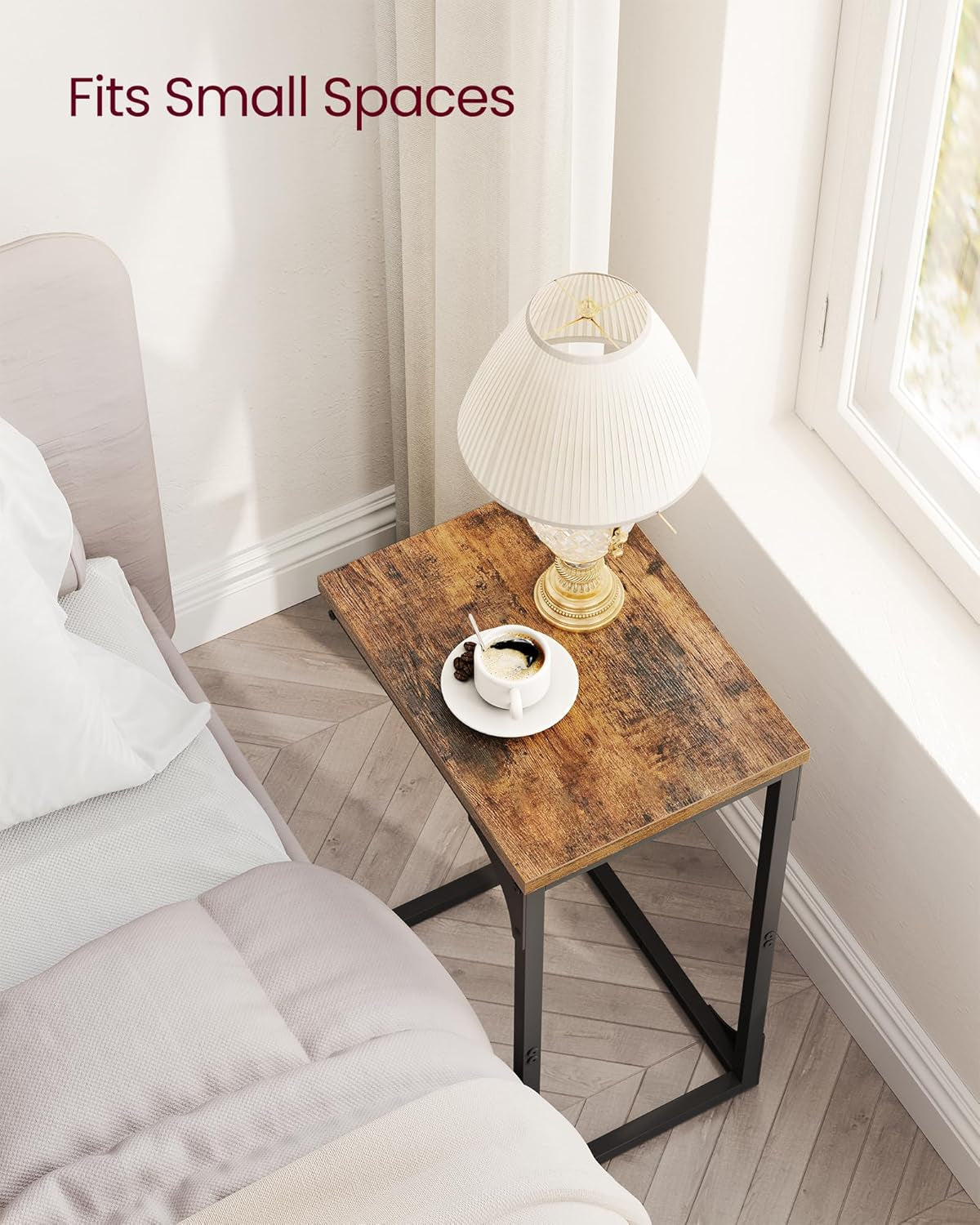 Set of 2 C-Shaped Side Table, Bedside Table, Sofa Side Table, Coffee Table, with Metal Frame, Industrial, for Living Room, Bedroom, Rustic Brown and Black LET354B01