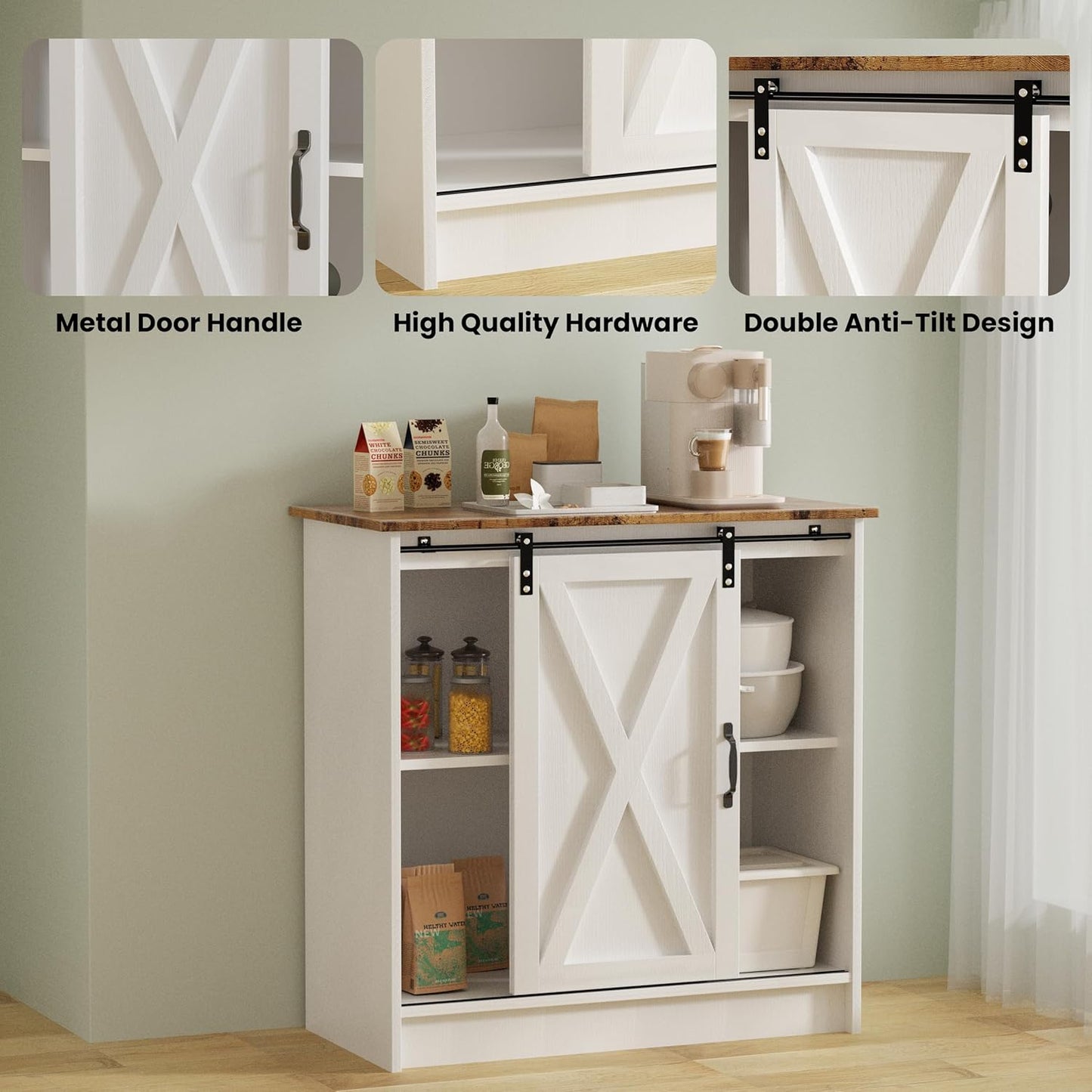 White Coffee Bar Cabinet Station, Small Kitchen Coffee Bar Cabinet with Storage, Farmhouse Sideboard Buffet Cabinet for Home, Kitchen, Living Room and Dining Room (Rustic Brown Top)