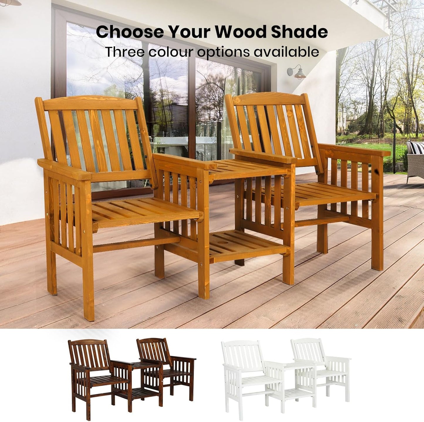 Wooden Outdoor Loveseats and Table Set - Fir Wood Twin Seats and Integrated Table Patio Conversation Set with 2-Seater Armchairs and Coffee Table Durable Garden Bench Furniture - White