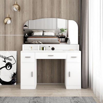 Dressing Table Vanity Table with Mirror Dresser Makeup Desk with 3 Drawers & 2 Door Storage Bedroom Furniture White