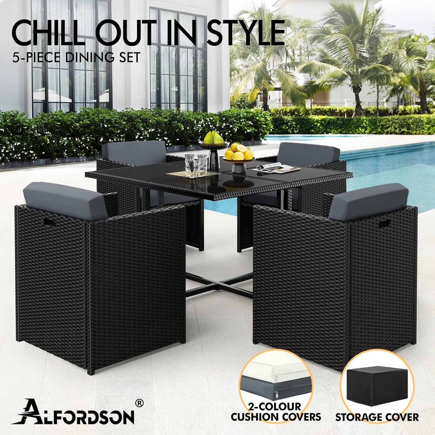 5Pcs Outdoor Dining Set Patio Furniture Garden Armchair, PE Wicker Rattan Lounge Chair and Glass Top Table with Steel Frame & Cushions, Uv-Resistant Conversation Sofa Set with Storage Cover