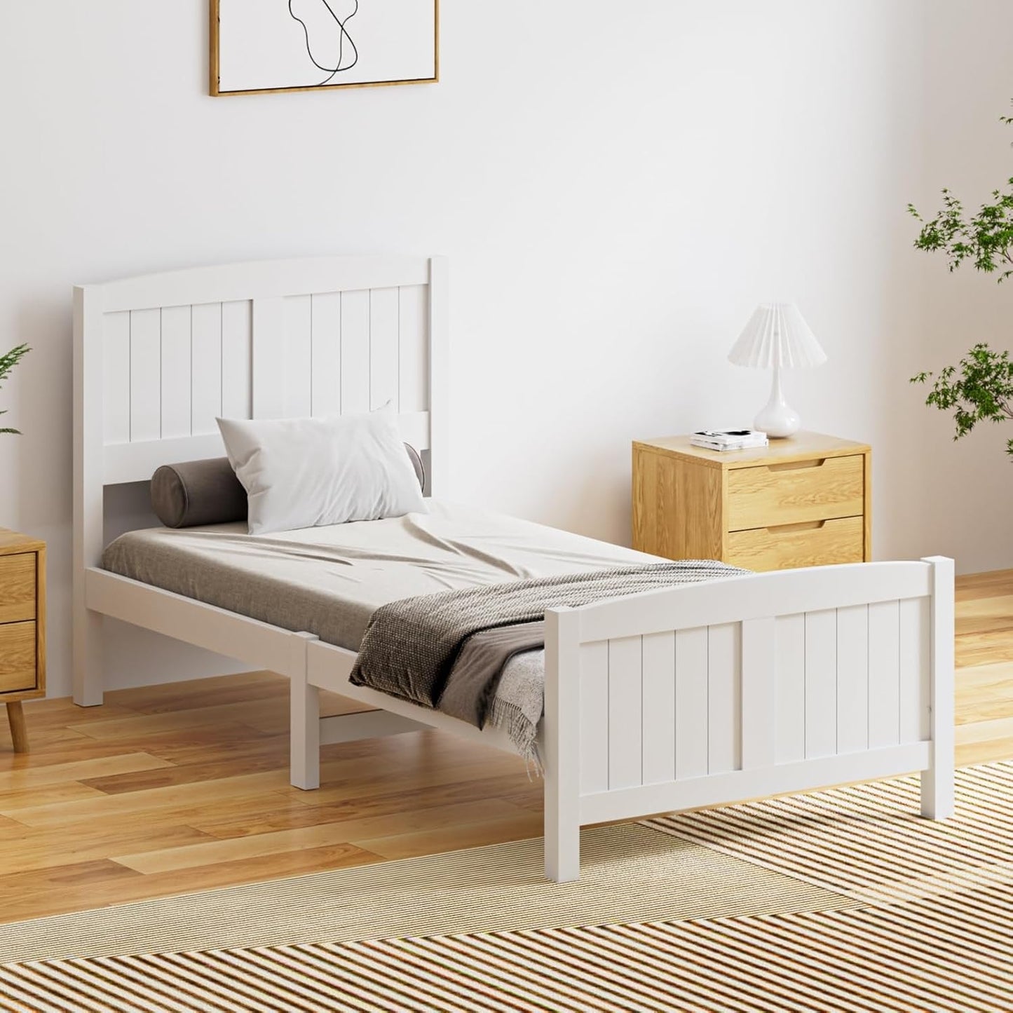 OIKITURE Queen Size Wooden Bed Frame Hampton-Style, Pinewood Bed Frame Platform with Bed Head and High Bed Leg - Compatible with Australian-Sized Mattresses, 211X161X94Cm 