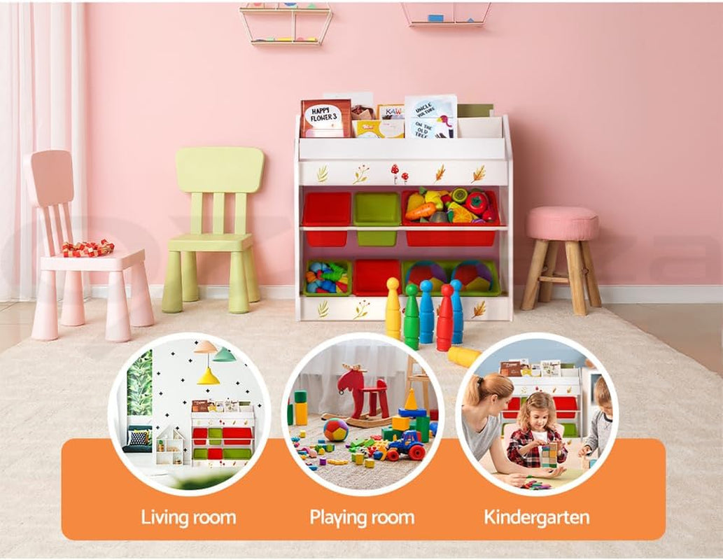 Kids Bookshelf, 3 Tiers Storage Book Shelf Bookshelves Corner Wall Toy Bookcase Rotating Display Shelves Home Living Room Bedroom Kindergarten Furniture, 6 Removable Plastic Boxes