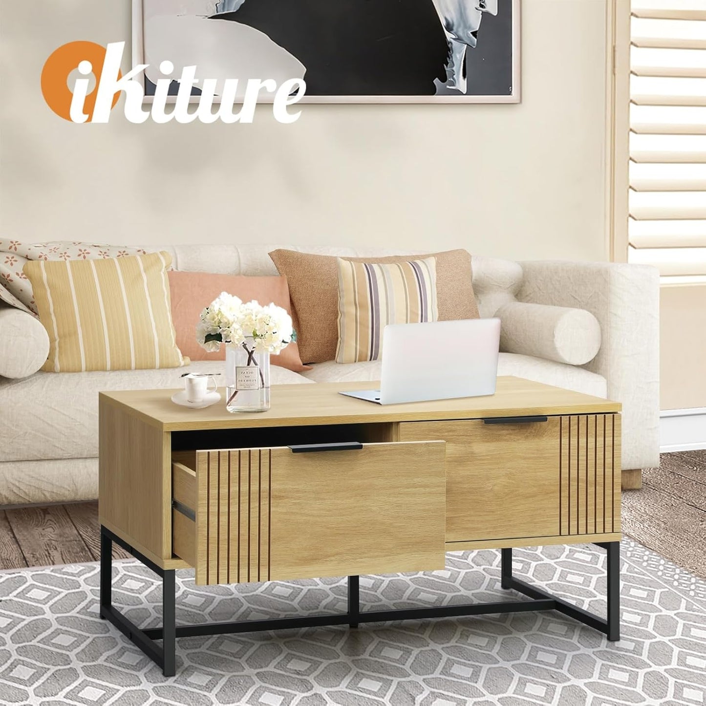 Coffee Table with Metal Base and 2 Storage Drawer Side End Table