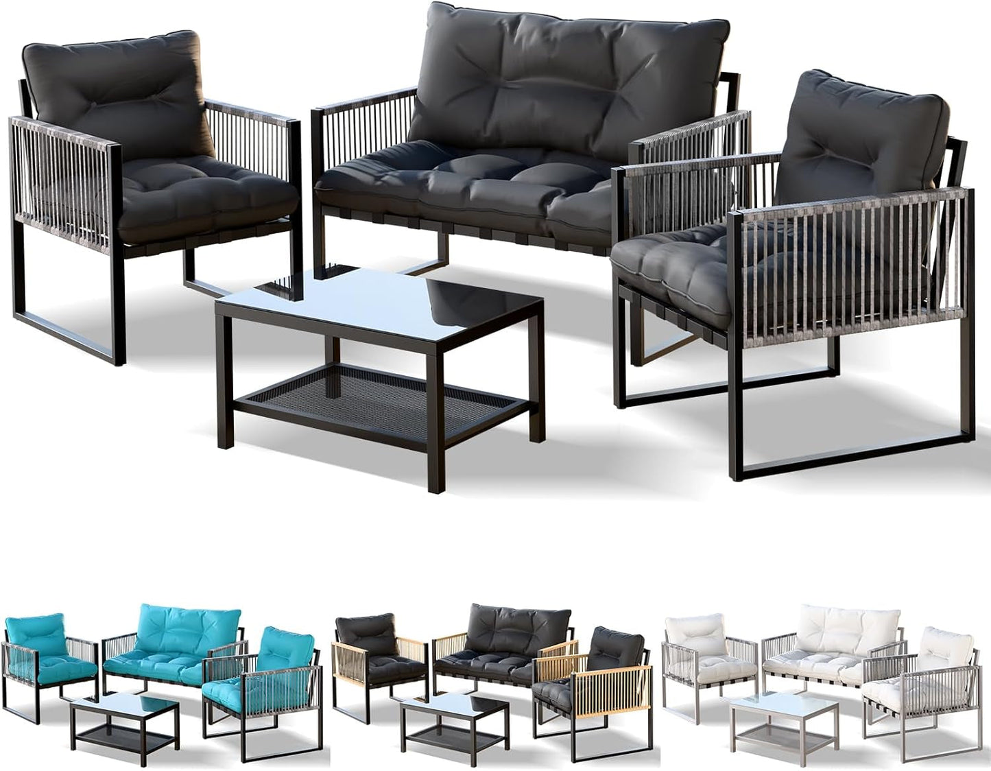 Outdoor Patio Bistro 4Pcs Set with Uv-Resistant PE Wicker, Coffee Table & 2X Armchair & Lounge Sofa Conversation Set with Steel Frame, Lounge Sofa Dining Chair Set with Cushions, Dark Grey