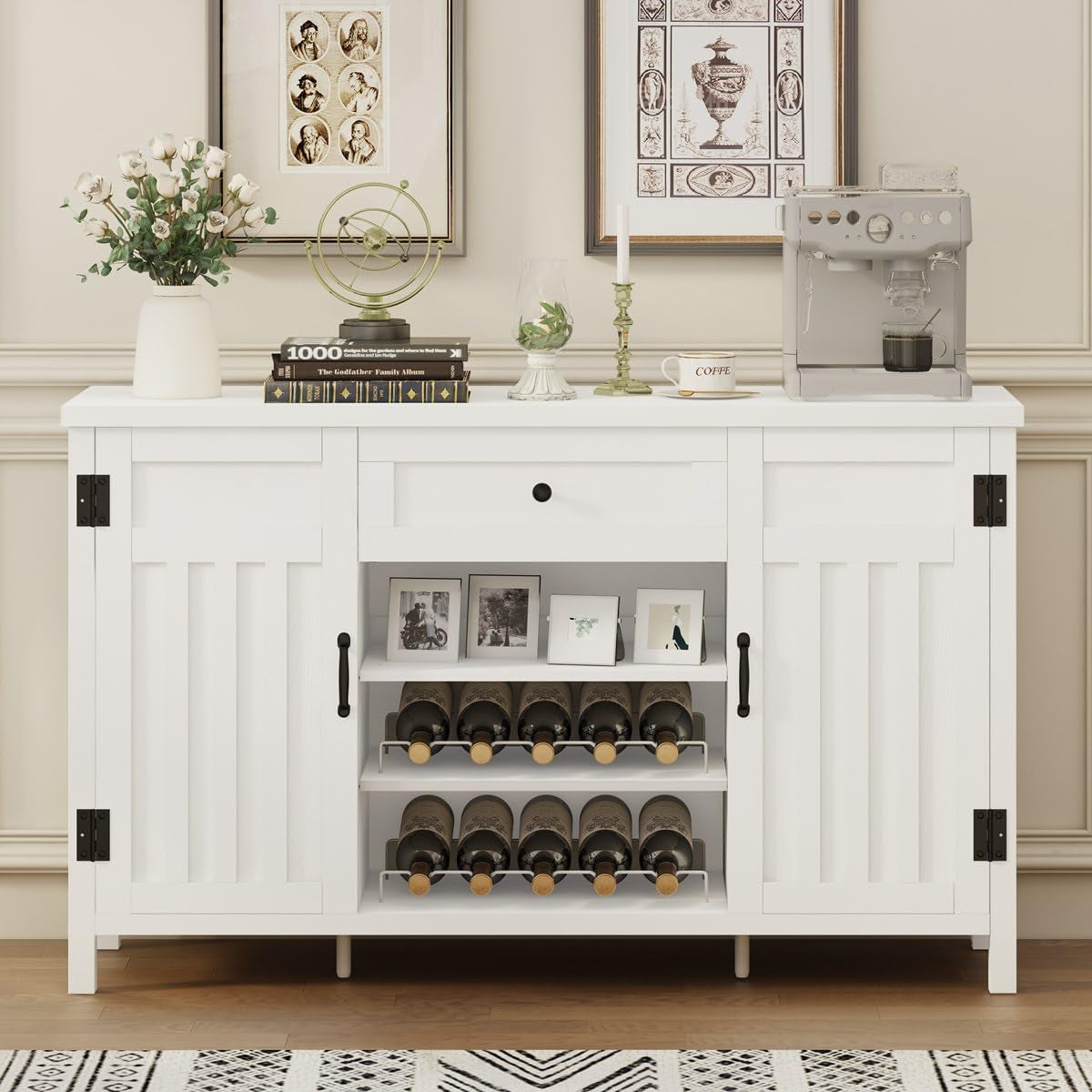 Industrial Coffee Bar Cabinet with Wine Rack, Wood Buffet and Sideboard with Storage Cabinet, (55.12 Inch, White Oak)