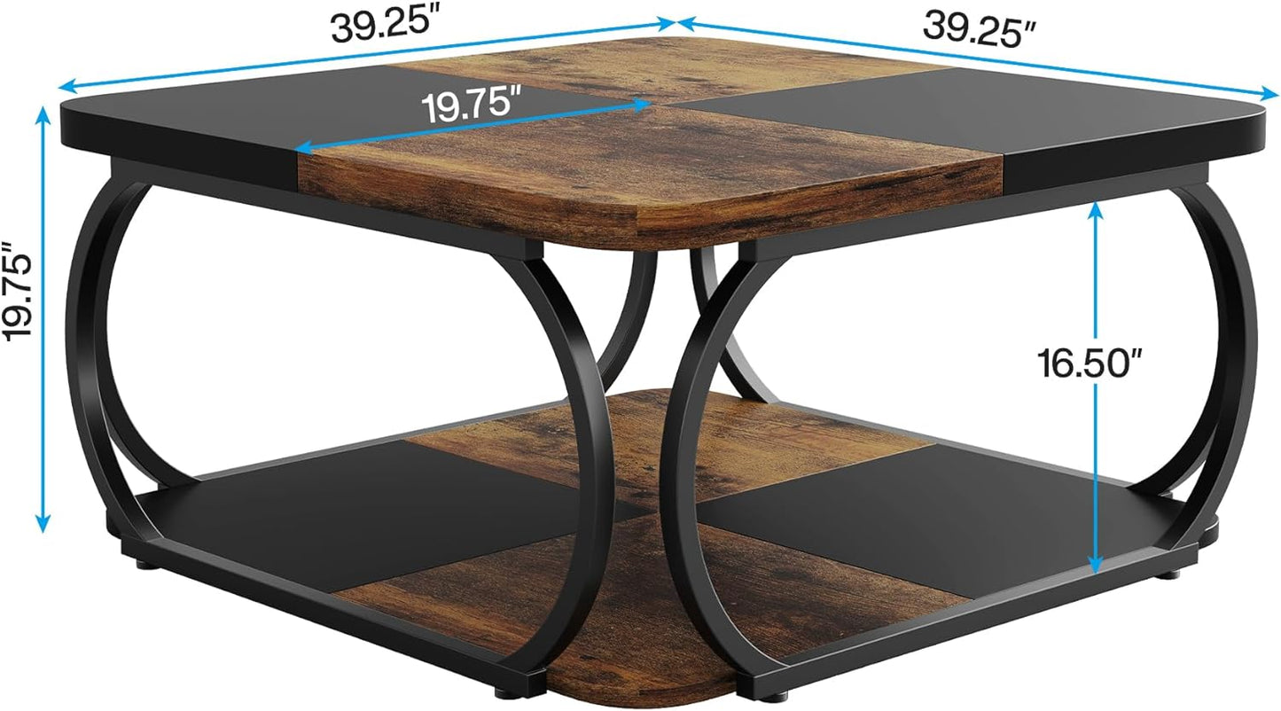 Coffee Table with Storage Shelf 100cm, 2-Tier Low Square Coffee Table with Farmhouse Wood Tabletop Heavy Duty Metal Curved Frame, Black Rustic Brown