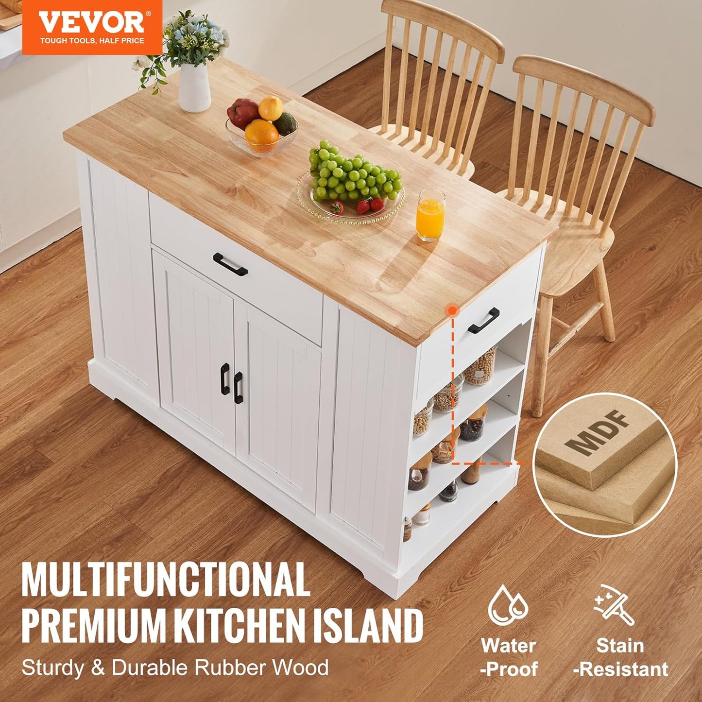 Kitchen Island Cart, 46" Wood Top Breakfast Bar with Storage Cabinet, Farmhouse Kitchen Table with Adjustable Shelf, Drawer, for Dining Kitchen Living Room, White