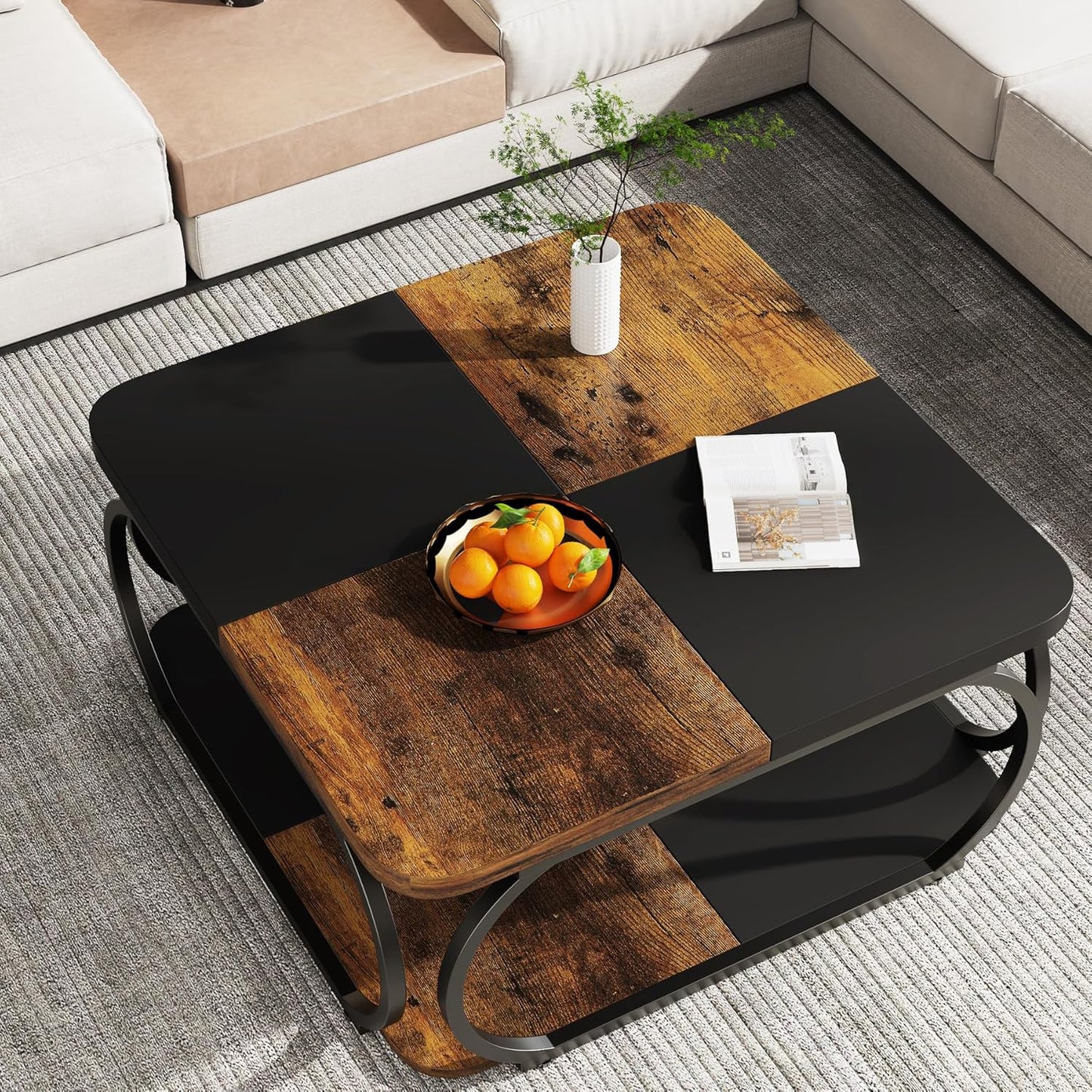 Coffee Table with Storage Shelf 100cm, 2-Tier Low Square Coffee Table with Farmhouse Wood Tabletop Heavy Duty Metal Curved Frame, Black Rustic Brown