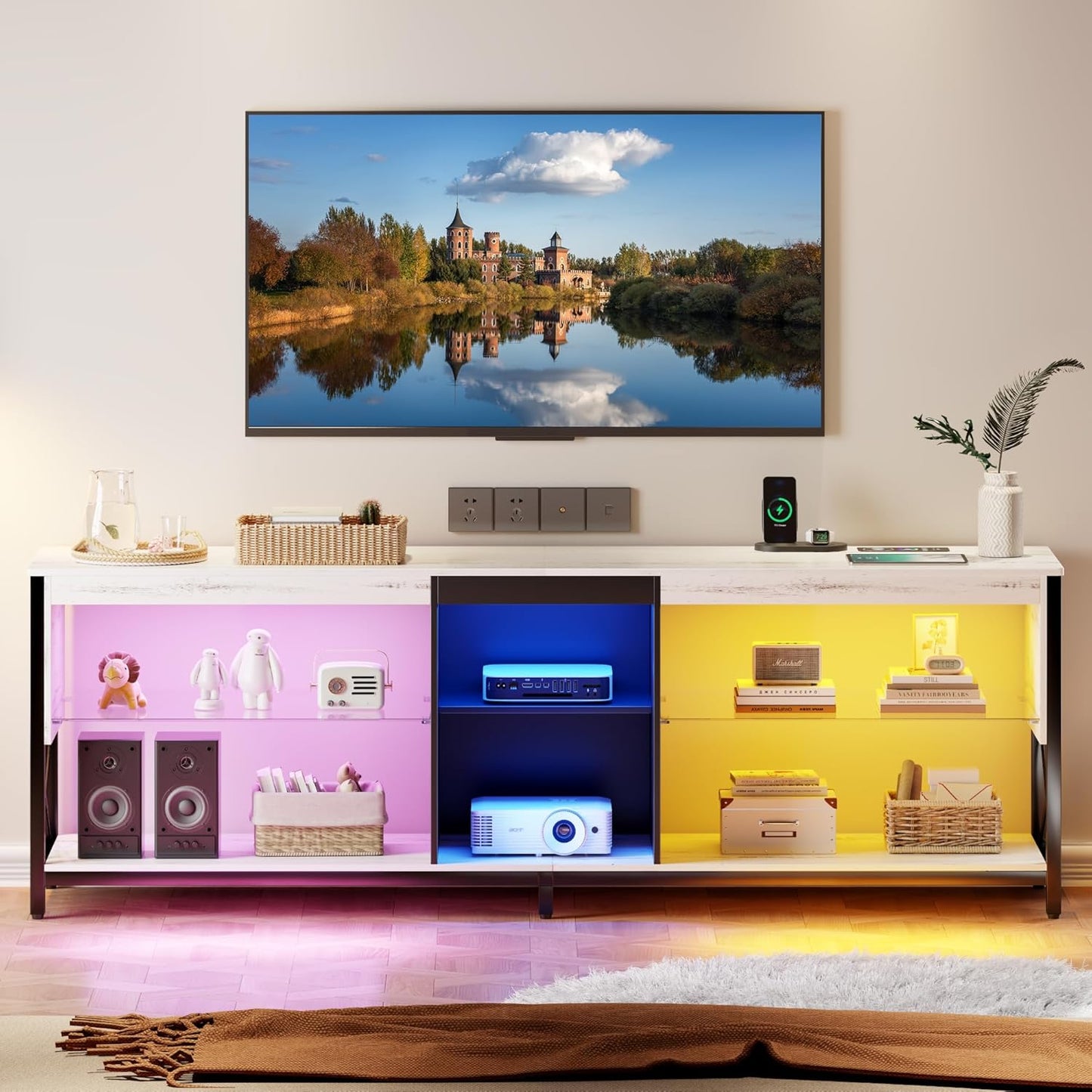 Dystler LED TV Stand for 55/60/65/75 Inch Tv,Smart Gaming Entertainment Center with Wireless Charging Station,Modern TV Cabinet with Adjustable Glass Shelves for Living Room, Bedroom 58 Inch,White