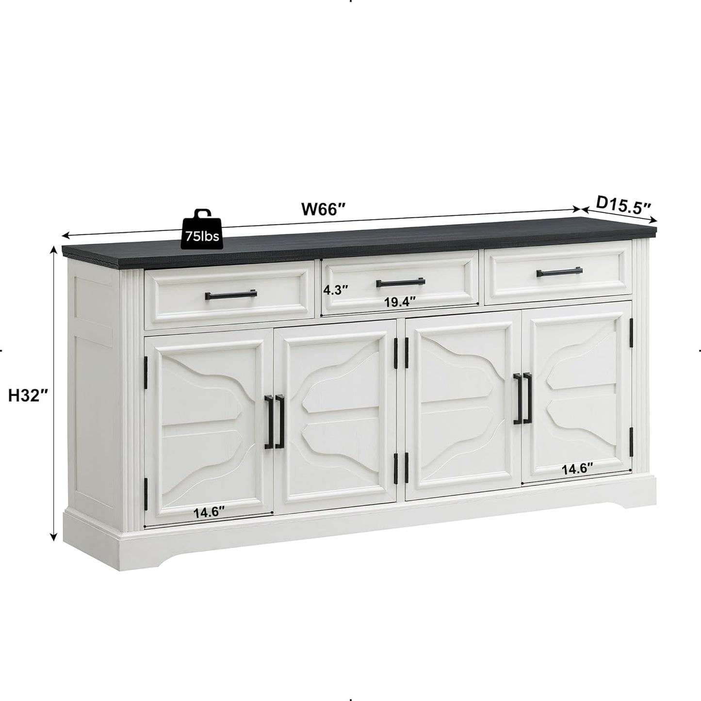 Farmhouse Buffet Sideboard Cabinet, 66" Buffet Table Coffee Bar Wine Bar Cabinet with Drawers and Doors, Kitchen Sideboard Storage Cabinet for Dining Room