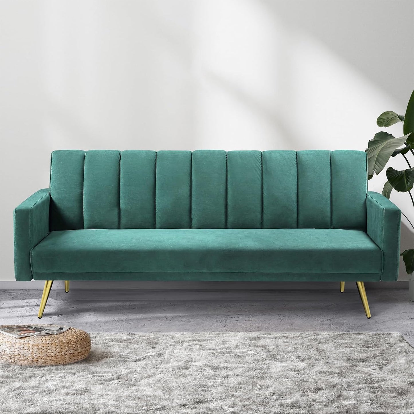 3 Seater Sofa Bed Convertible, Velvet Loveseat Sofa Couch, Recliner Sofa Lounge with 3 Adjustable Backrest Positions, Spare Bed for Guest, Load up to 220Kg (197Cm, Green)