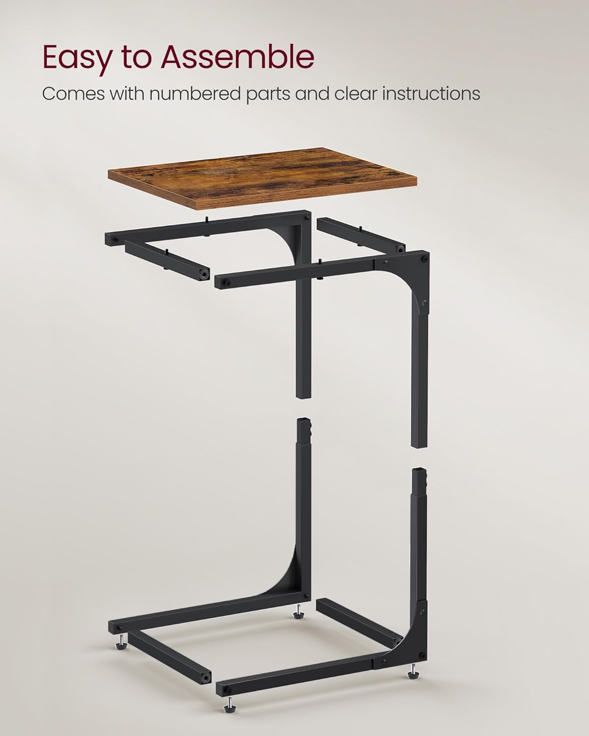 Set of 2 C-Shaped Side Table, Bedside Table, Sofa Side Table, Coffee Table, with Metal Frame, Industrial, for Living Room, Bedroom, Rustic Brown and Black LET354B01