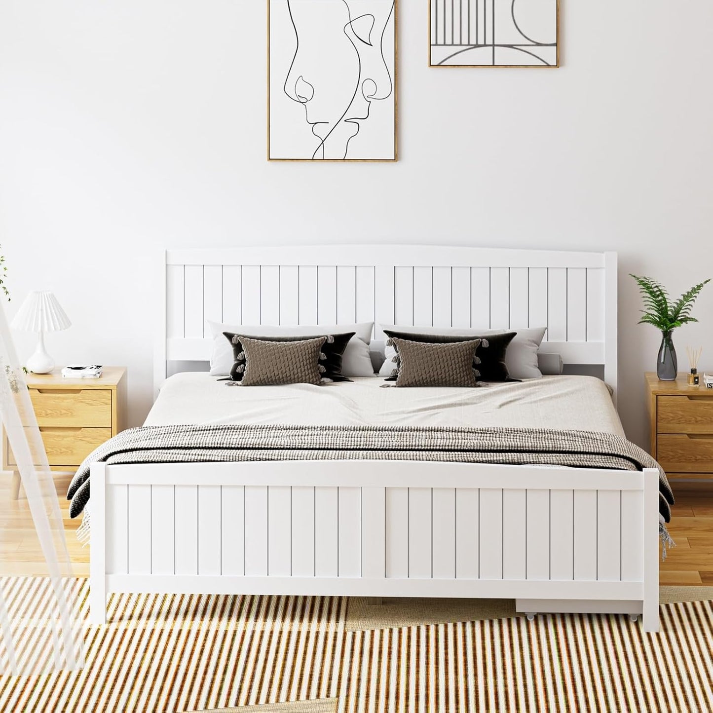 OIKITURE Queen Size Wooden Bed Frame Hampton-Style, Pinewood Bed Frame Platform with Bed Head and High Bed Leg - Compatible with Australian-Sized Mattresses, 211X161X94Cm 