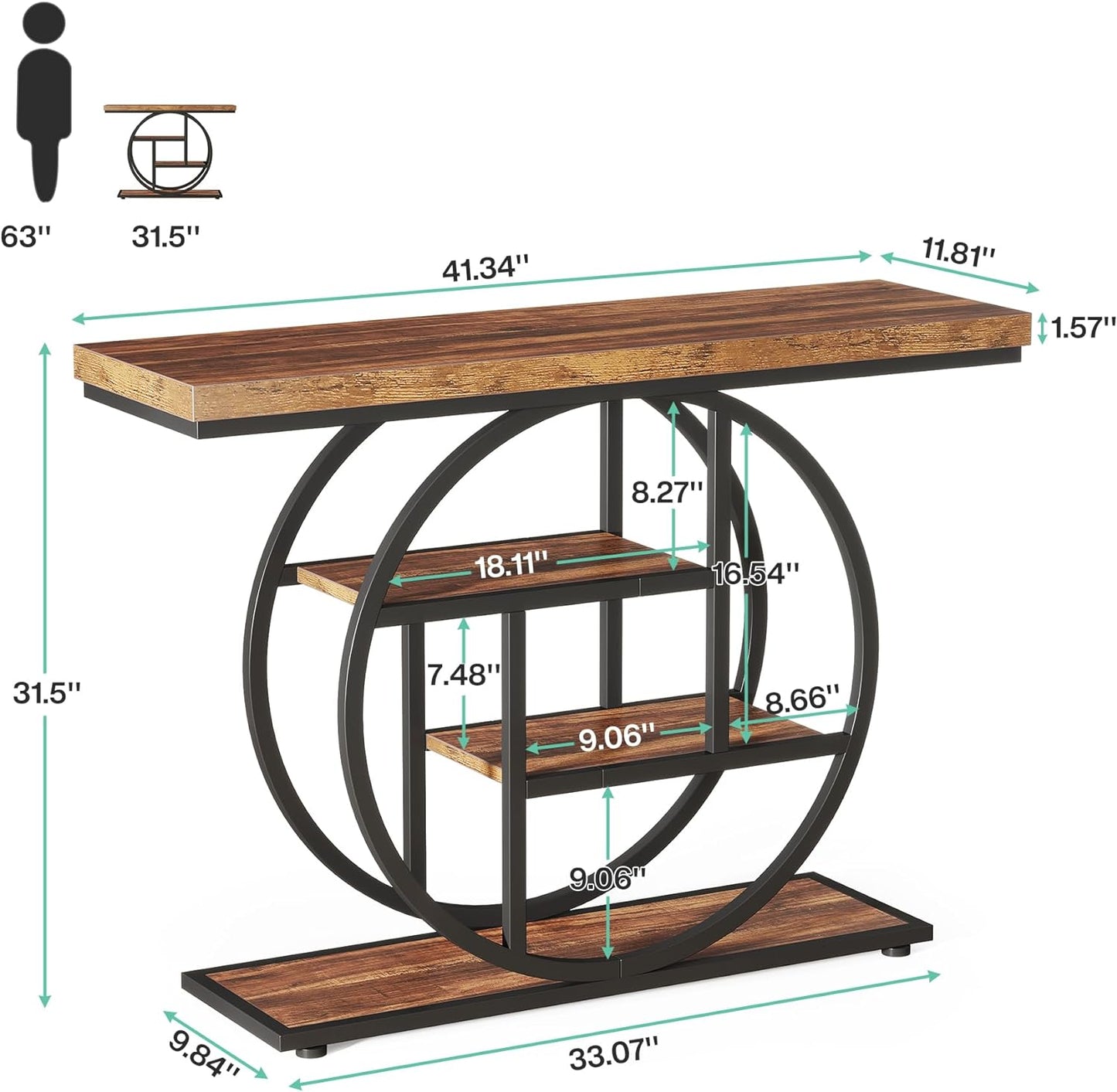 Rustic Console Table Hallway,105Cm Console Table, 4-Tier Entryway Console Table, Narrow Hall Table with Storage Shelves for Living Room, Foyer, Rustic Brown