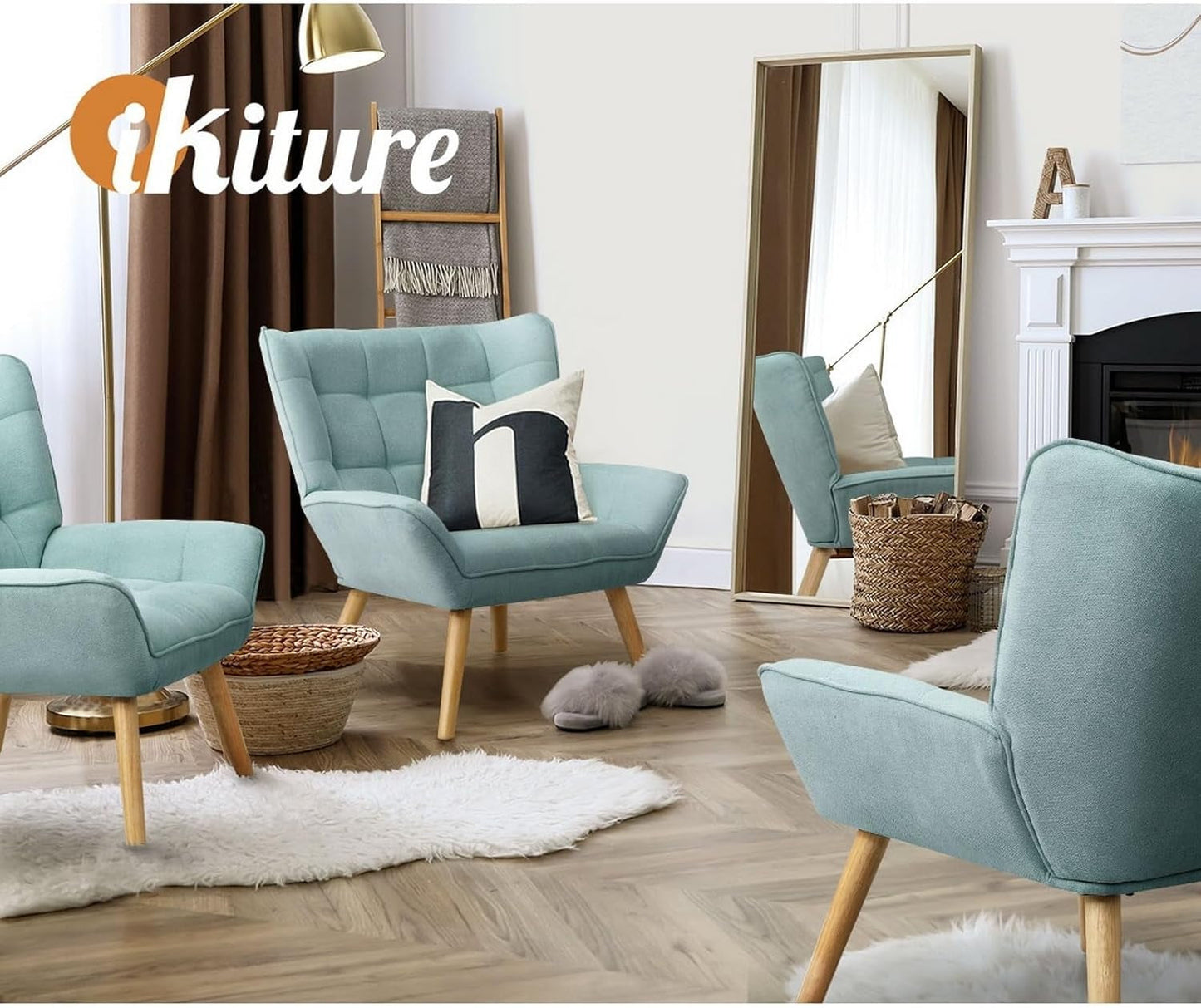 Oikiture Armchair Accent Lounge Chairs Stoolseating Soft Home Office Furniture Stools for Dining Living Room or Bedroom Fabric Upholstered, Blue