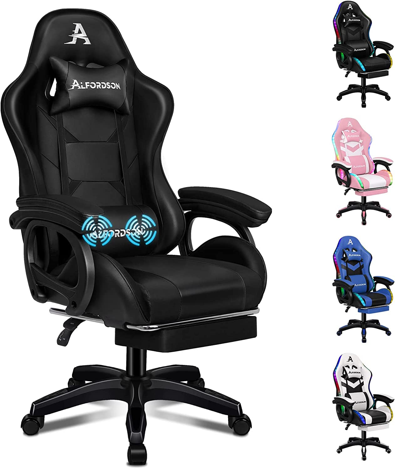 ALFORDSON Gaming Chair with Massage and 150° Recline, Ergonomic Executive Office Chair PU Leather with Footrest, Height Adjustable Racing Chair with SGS Listed Gas-Lift, Max 180Kg (Cyan)