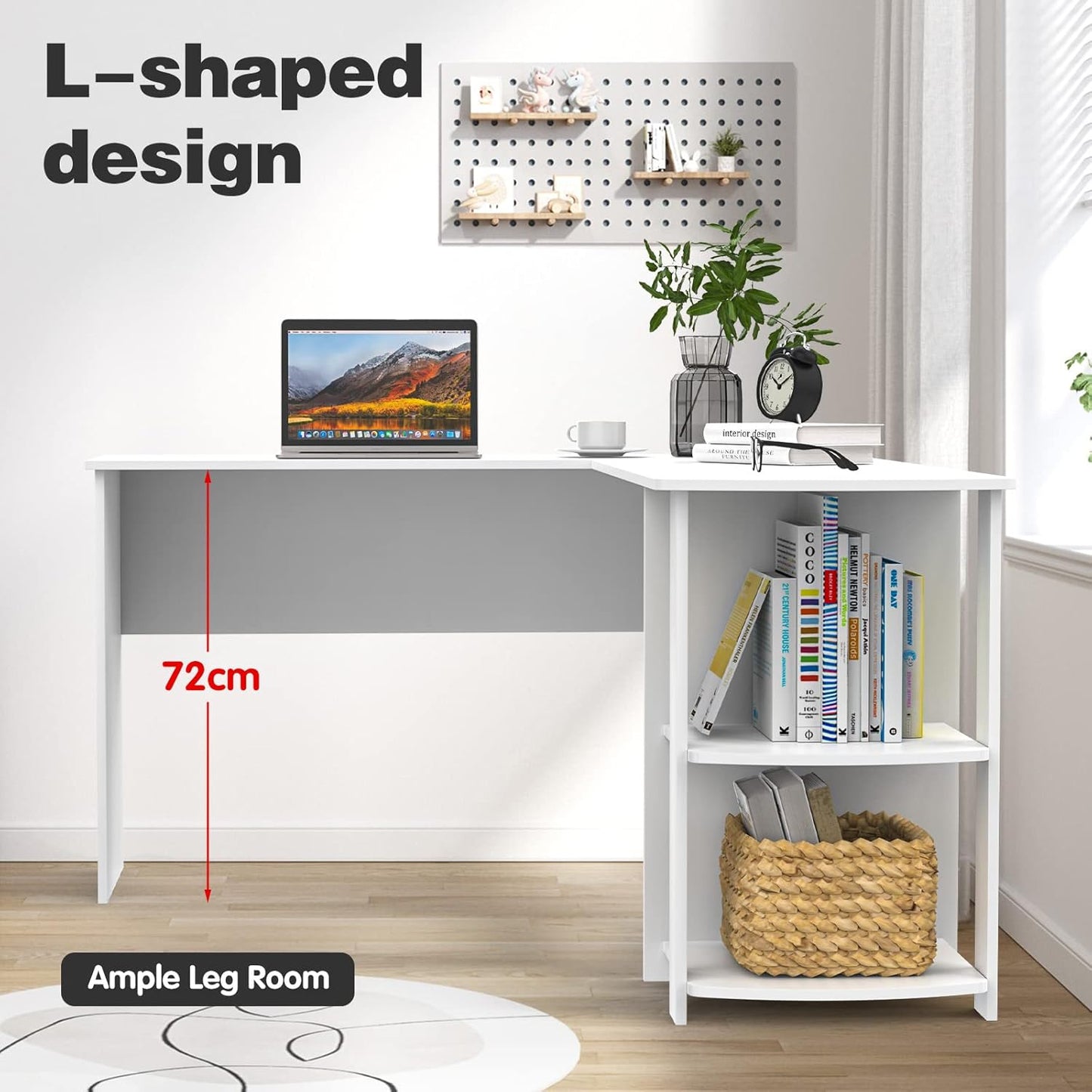 Ufurniture L-Shaped Corner Computer Desk Home Office Desk Study Table Workstation Writing Large L Shaped Desk with 2 Storage Shelves (White)