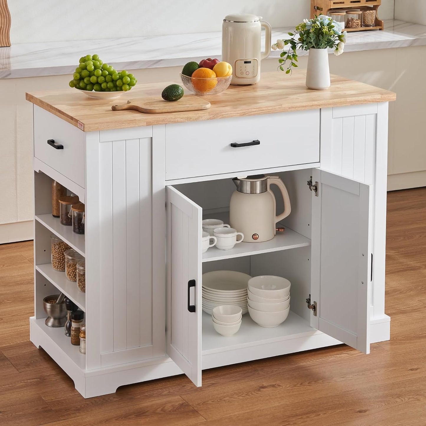 Kitchen Island Cart, 46" Wood Top Breakfast Bar with Storage Cabinet, Farmhouse Kitchen Table with Adjustable Shelf, Drawer, for Dining Kitchen Living Room, White