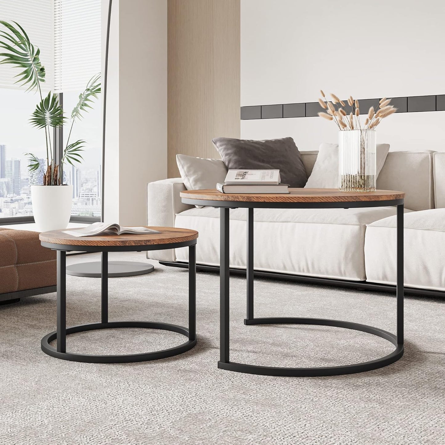 Round Nesting Coffee Table Set of 2 End Tables with Sturdy Metal Frame, Easy Assembly (Rustic Brown)