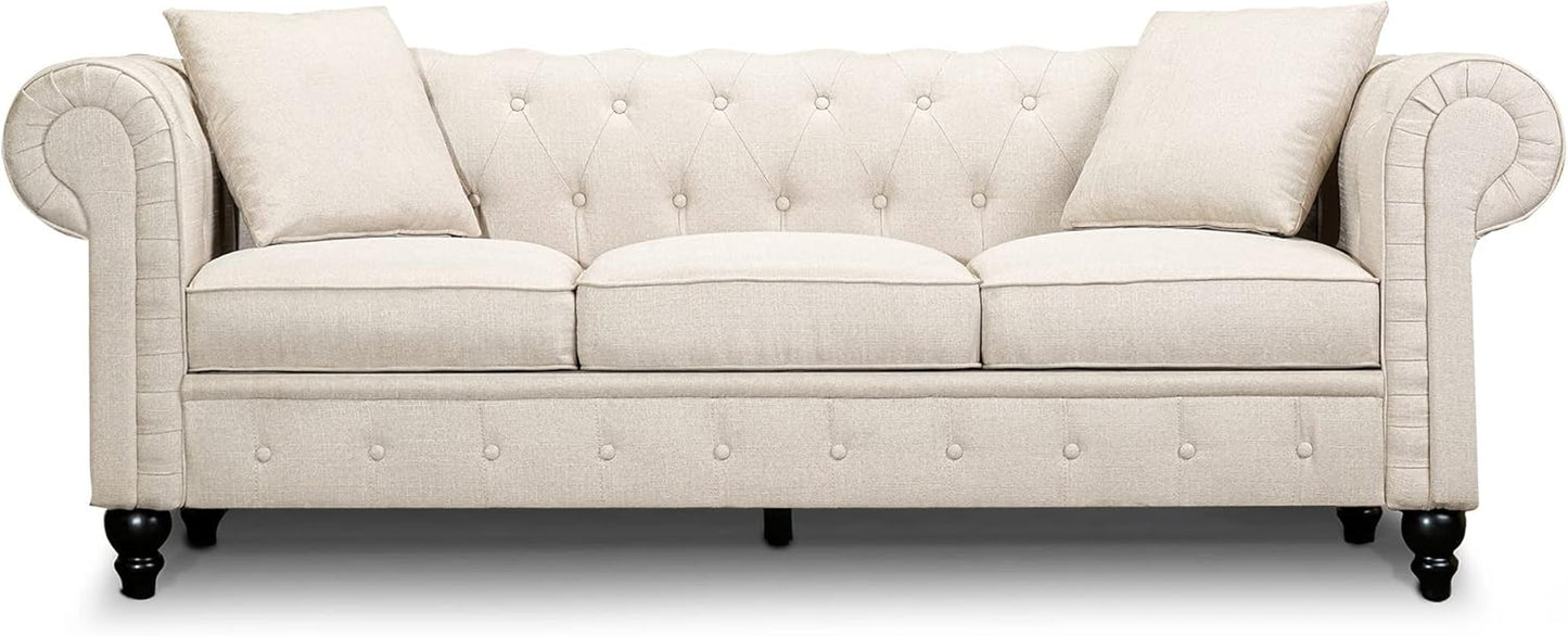 Cerna Chesterfield Sofa Lounge - Diamond Stitching, Swiss Linen-Blend Upholstery, Medium-Firm Cushions, Decorative Pillows, and Easy Assembly in Timeless Elegance, Beige