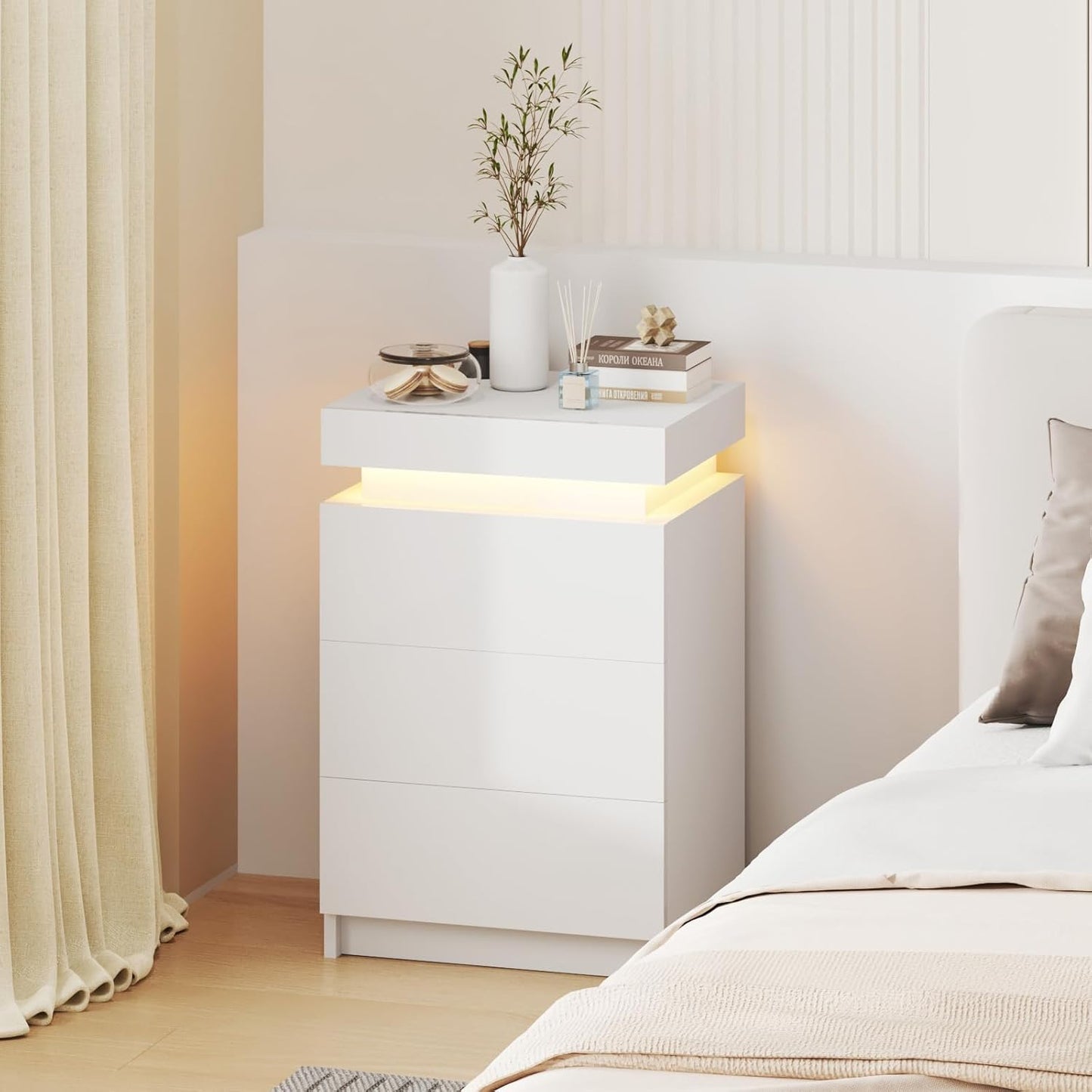 LED Bedside Table, Nightstand with Lift up Storage and 3 Drawers, Storage Cabinet for Bedroom Living Room, High Gloss White
