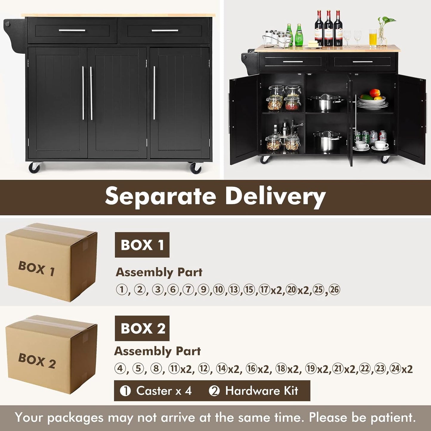 Mobile Kitchen Island Cart, Rolling Storage Trolley with Towel Bar, 2 Deep Drawers, 3 Door Cabinets, Swivel Casters, Rubber Wood Top, for Kitchen Dining Room (Black)