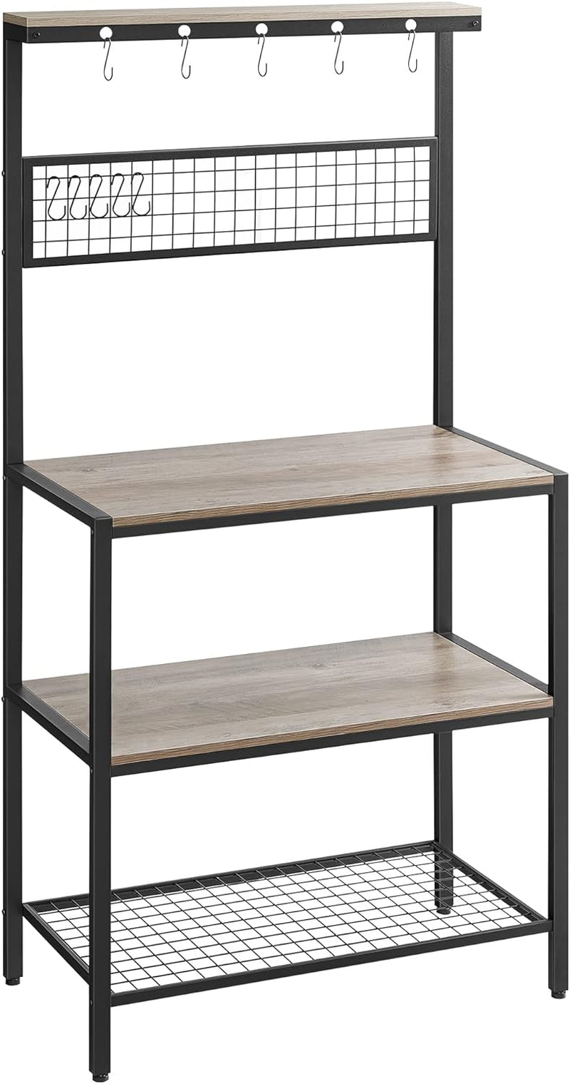 VASAGLE Bakers Rack, Coffee Bar, Kitchen Storage Shelf Rack with 10 Hooks, 3 Shelves, Adjustable Feet, for Microwave Oven, 15.7 X 33.1 X 66.9 Inches, Industrial, Rustic Brown and Black UKKS17BX