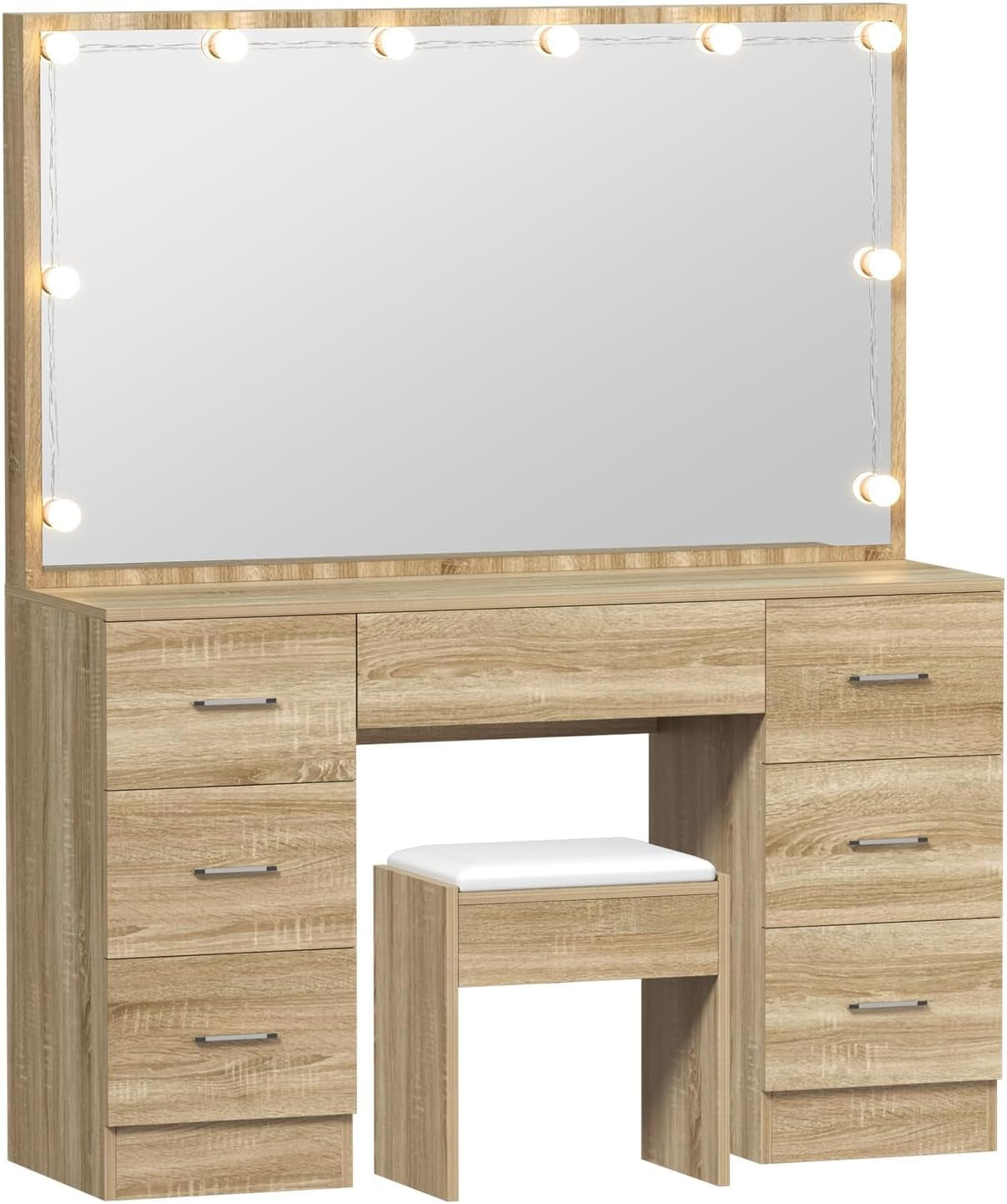 Dressing Table with Extra Biggest Mirror 113Cm Makeup Mirror Vanity Desk with 7 Storage Drawers and Stool Wood
