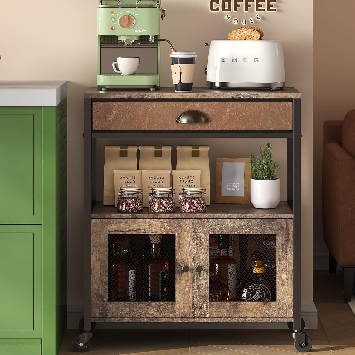 Coffee Bar Cabinet,3 Tiers Kitchen Coffee Cart with Drawer for the Home, Movable Farmhouse Coffee Station Table on Wheels for Living Room, Entryway, Dining Room, Kitchen